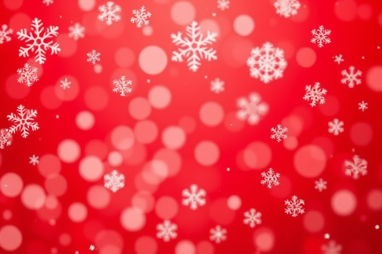 Create a festive background featuring a red color palette with varying sizes of snowflakes scattered throughout. Include soft bokeh effects to enhance the winter atmosphere.