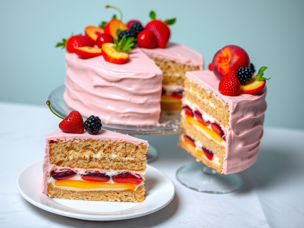 A beautifully decorated multi-layered cake with a smooth pink frosting topped with fresh strawberries, cherries, blackberries, and slices of peaches, displayed on a cake stand with a slice of the cake on a plate showcasing colorful layers of fruit and cream.