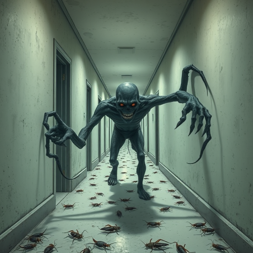 a crooked male with long arms and a creepy smile is crawling along a long white corridor and you can also see cockroaches in it there is a creepy atmosphere creepy art style