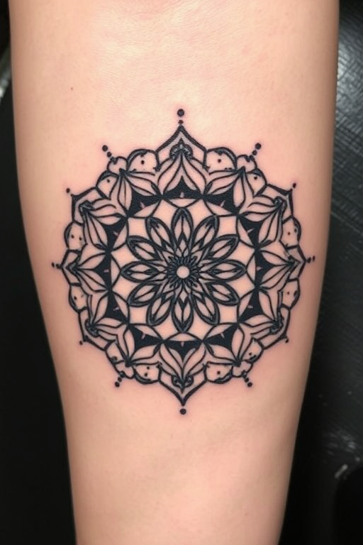 Geometric mandala tattoo named "Sacred Symmetry" featuring intricate patterns and shapes in perfect balance. Delicate dotwork shading adds depth and dimension to the design, while clean lines create a mesmerizing optical effect. Black ink dominates the piece, with subtle touches of white ink highlighting key elements for added contrast.