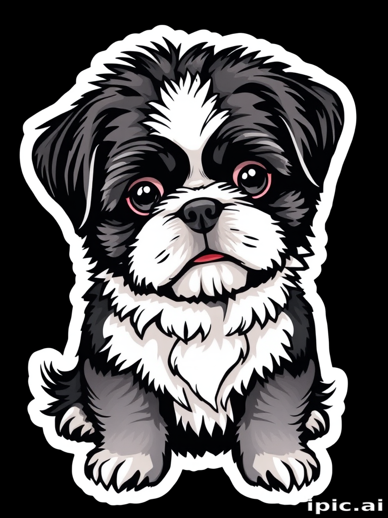 sticker, 3D black and white shih tzu, black background