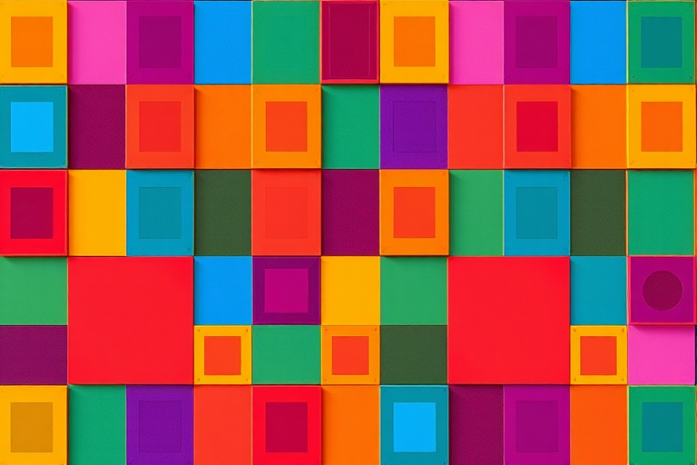 Generate a vibrant geometric pattern featuring a multitude of colored squares arranged in a grid formation with sharp focus and high saturation, captured with a DSLR camera at f/8 aperture, ISO 100, 24mm lens, top-down view, in daylight conditions for enhanced clarity and detail.