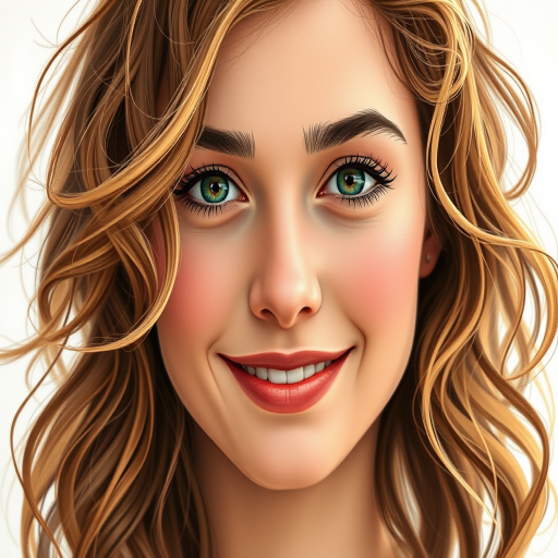 regenerate a detailed portrait illustration of a person with wavy hair and a slight smile; use a Canon EOS R5 camera, 85mm lens, aperture f/1.8, ISO 100, soft natural lighting, focus on facial features with a shallow depth of field, high-resolution output