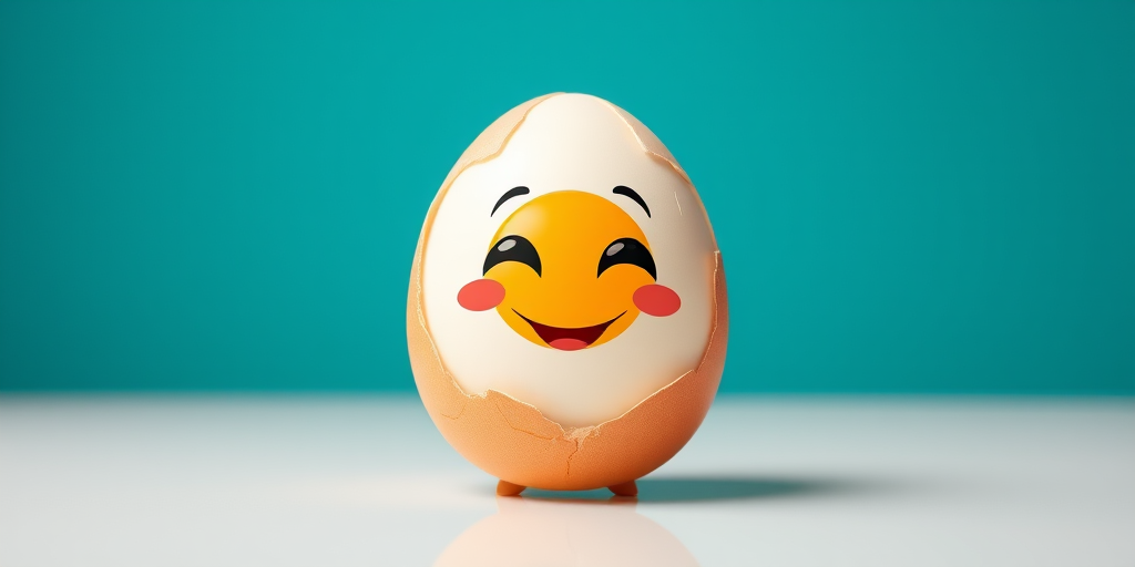Create a vibrant cartoon image of a happy egg character with a cracked shell, placed on a glossy white surface, using a Canon EOS 5D Mark IV, 50mm lens, f/2.8 aperture, 1/100 sec shutter speed, with a soft focus background to enhance the egg's bright colors and cheerful expression.