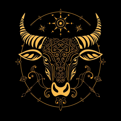 Create an illustration of a stylized Taurus bull head with intricate patterns and celestial designs on a black background, using a high-resolution digital camera with a 50mm lens, f/1.8 aperture, and soft focus effect to enhance details and depth.