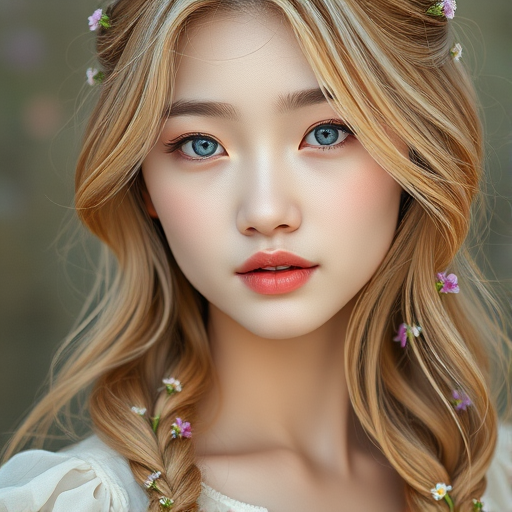 Create an image of a young Korean woman with long, wavy blonde hair, adorned with small, colorful flowers woven into her braids and loose strands. Her complexion is fair, with soft, glowing skin, and she has light blue eyes that gaze softly at the viewer. She wears a light, flowing dress with a gentle, ethereal quality, complementing her delicate and serene appearance. The background is slightly blurred, drawing focus to her tranquil expression and the intricate details of the flowers in her hair. The overall mood of the image is one of natural beauty and grace, evoking a sense of peacefulness and connection with nature.