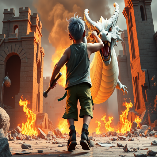 Cartoon 3D High-Resolution,dynamic battle scene using Unreal Engine 5 and Octane Render. The scene features back of an elderly, thai man with a beard,messy hair and round golden-rimmed glasses. He is wearing a tattered tank top with soot marks, shorts, and sandals. sweating. he wields a baseball bat. He jump to fight with a white fire-breathing Europe dragon amidst a partially destroyed stone castle. Include intense flames, smoke, and debris to enhance the dramatic effect.