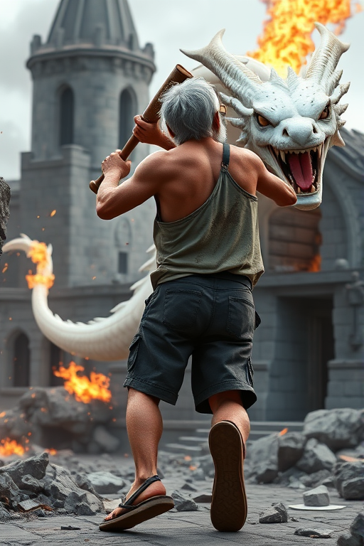 Cartoon 3D High-Resolution,dynamic battle scene using Unreal Engine 5 and Octane Render. The scene features back of an elderly, thai man with a beard,messy hair and round golden-rimmed glasses. He is wearing a tattered tank top with soot marks, shorts, and sandals. sweating. he wields a baseball bat. He jump to fight with a white fire-breathing Europe dragon amidst a partially destroyed stone castle. Include intense flames, smoke, and debris to enhance the dramatic effect.