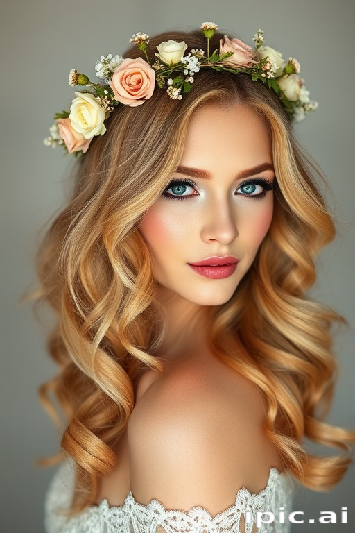 Romantic loose curls in strawberry blonde, adorned with a delicate floral crown and face-framing wisps, creating a soft and ethereal bridal-inspired style