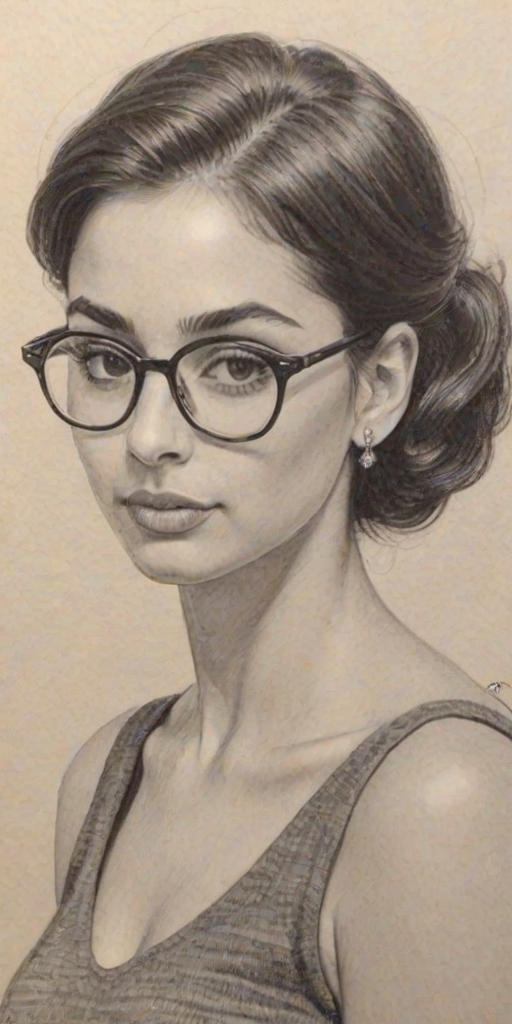 Splendid Naomi Scott, pencil sketch, portrait of Enticing woman 1956s in glasses, hair style beatnik, outline, clear lines, fine lines, 8k