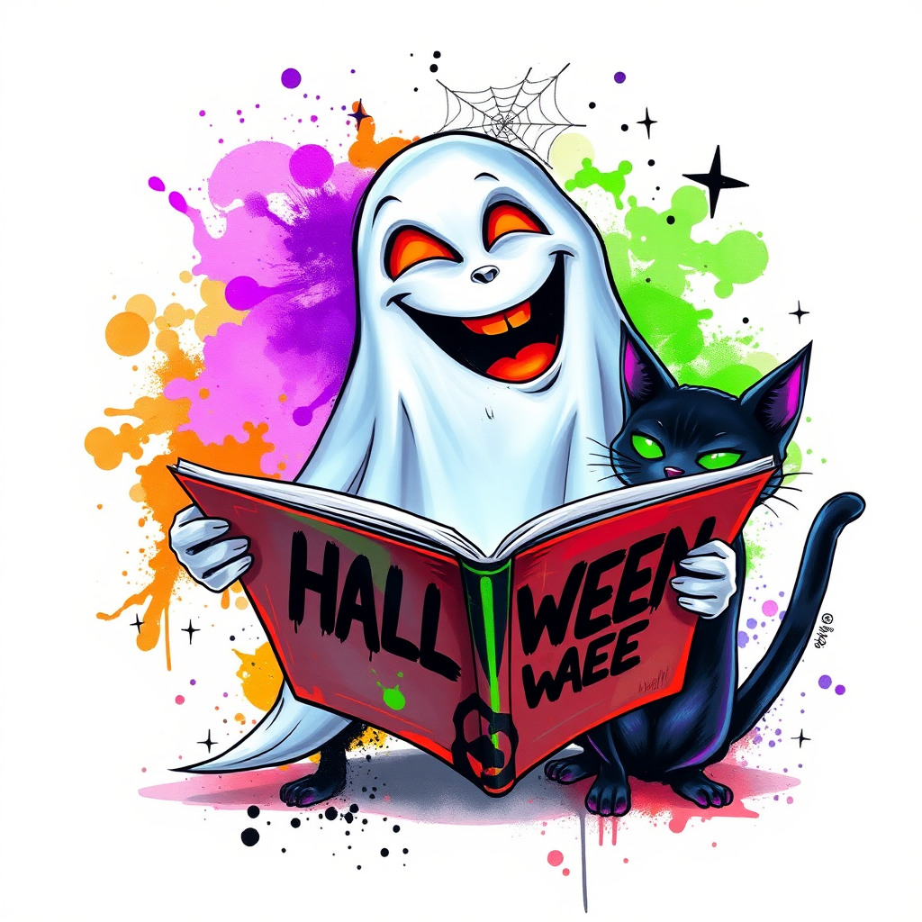 Image of a ghost and a black cat laughing exaggeratedly , and reading a comic halloween comic book, alcohol ink airbrush style, funny halloween theme, white background with neon purple, neon orange, neon green splash, black sparkles stars , dazzling BG