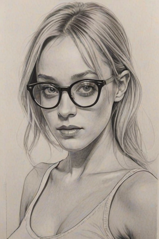 Delightful Chlo' Sevigny, pencil sketch, portrait of Stunning woman 1964s in glasses, hair style beatnik, outline, clear lines, fine lines, 8k