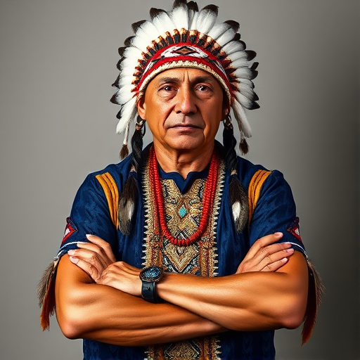 Create a dignified portrait of a Native American man dressed in traditional attire. He wears a beautifully crafted headdress adorned with white feathers and red beads, along with a beaded headband featuring intricate patterns. His clothing includes a deep blue, patterned shirt and a traditional chest piece with detailed beadwork. His arms are crossed, displaying leather armbands decorated with feathers. The background is simple and neutral, emphasizing his proud and stoic expression. The overall image captures the rich cultural heritage and strength of his persona.