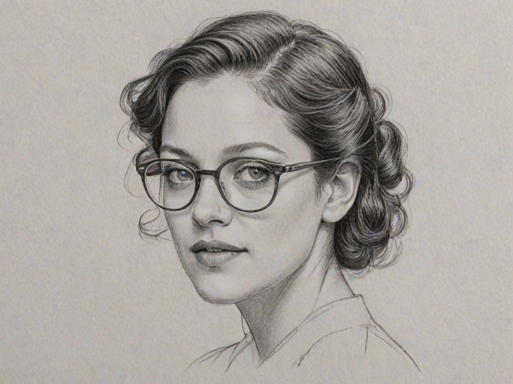 Dazzling Marion Cotillard, pencil sketch, portrait of Comely woman 1943s in glasses, hair style beatnik, outline, clear lines, fine lines, 8k