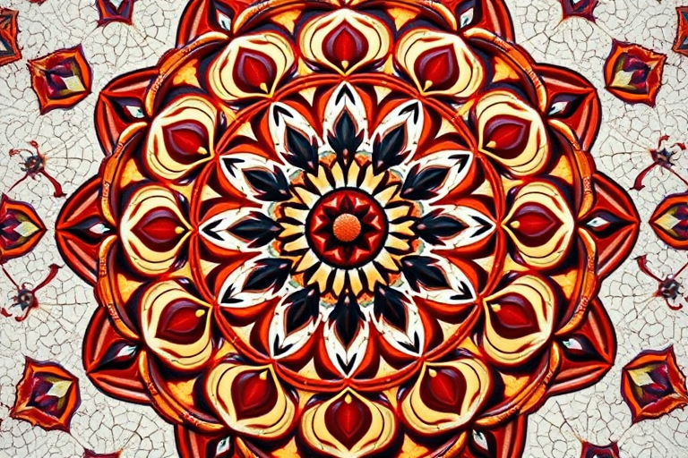 Create an intricate mandala design featuring geometric patterns and symmetry, captured with a Canon EOS R5, 50mm lens, f/1.8 aperture, ISO 100, and natural light to enhance details and richness in colors.