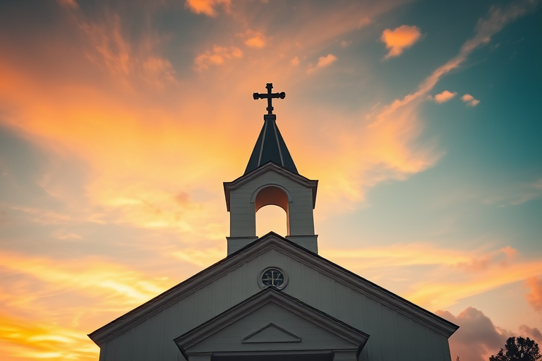 capture a detailed image of a white church with a cross on top against a colorful sunset sky with soft clouds using a DSLR camera set to f/8 aperture and ISO 100 with a 24mm lens; shoot from a low angle to emphasize the height of the architecture and create a warm ambiance.