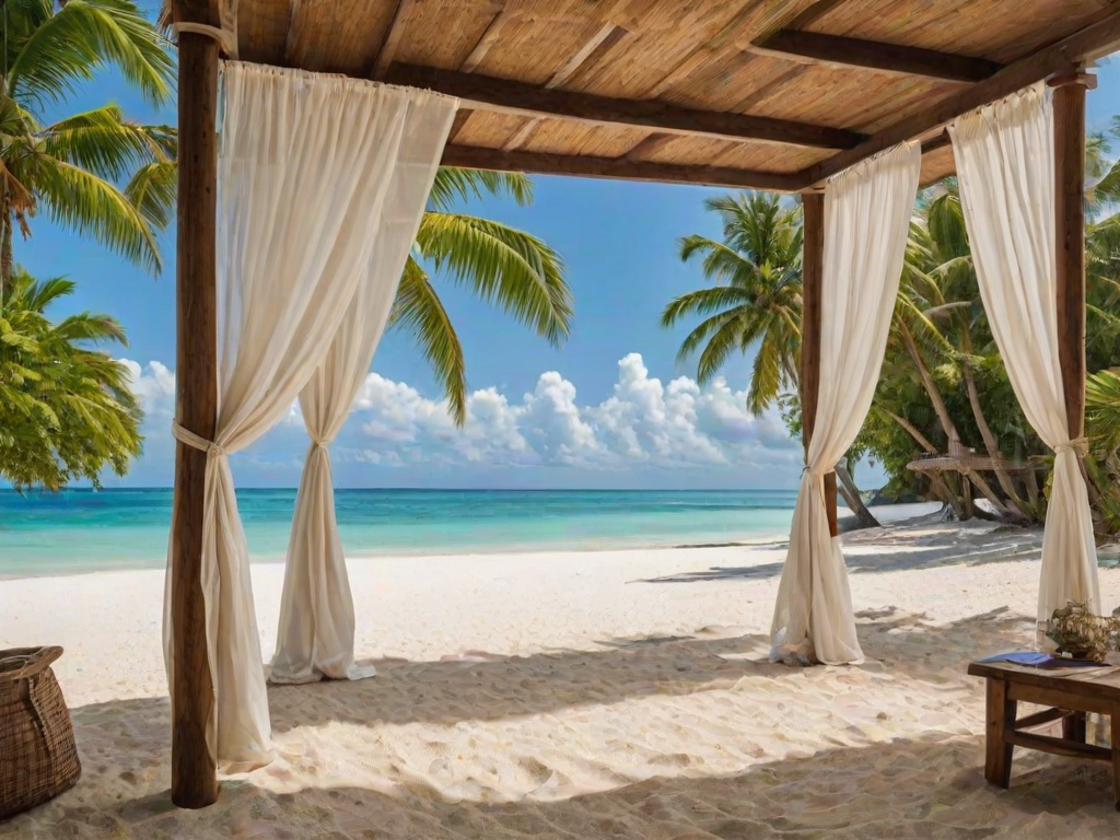 Create a picturesque tropical beach scene featuring a serene, white sandy shore. In the foreground, there's a rustic wooden canopy with white drapes gently flowing in the breeze. Underneath the canopy, a table is set with tropical decor, evoking a sense of relaxation and leisure. The beach extends into a calm, shallow water area with reflections of the sky and surroundings. Palm trees and lush greenery line the edge of the beach, providing a natural, tropical backdrop. The sky is clear with a few scattered clouds, and the overall atmosphere is tranquil and inviting, perfect for a peaceful retreat.