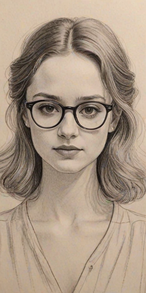 Sublime Maude Apatow, pencil sketch, portrait of Fascinating woman 1977s in glasses, hair style beatnik, outline, clear lines, fine lines, 8k