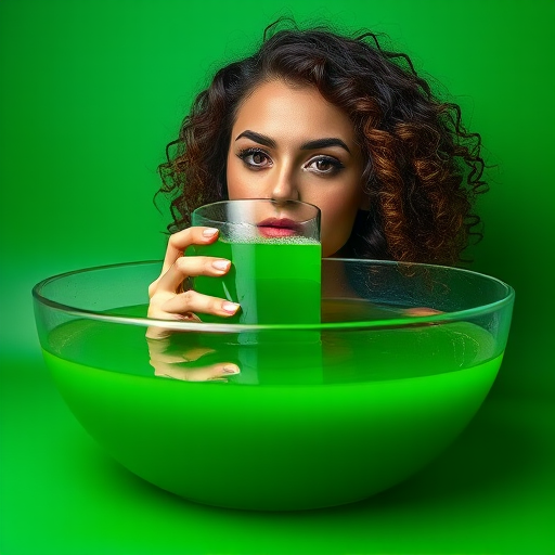 A woman with curly hair holding a green beverage, immersed in a large bowl filled with green liquid, vibrant green background, soft focus, aperture f/1.8, 50mm lens, portrait mode, DSLR camera, high dynamic range imaging.