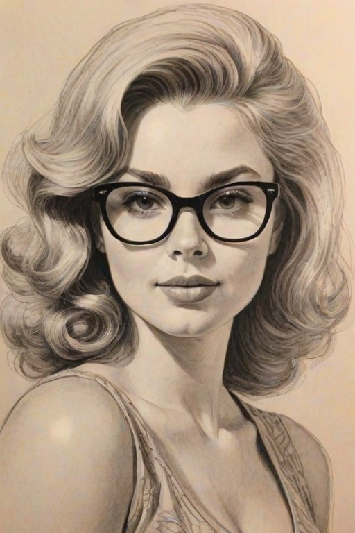 Delightful Allie Grant, pencil sketch, portrait of Alluring woman 1961s in glasses, hair style beatnik, outline, clear lines, fine lines, 8k