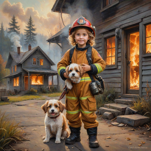 airbrushed oil painting, pixar style, cute little girl in fireman gear, helmet, tousled hair, expressive eyes, standing in the doorstep of a cottage burning behind him, holding a cute little dog in her arm, atumn sky