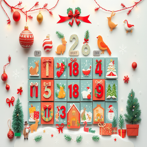 Create a festive advent calendar illustration featuring various holiday-themed icons such as ornaments, animals, and winter scenes, captured using a Canon EOS R5 at f/8, ISO 100, 1/125s, with a flat lay view, vibrant colors, and a modern graphic style.