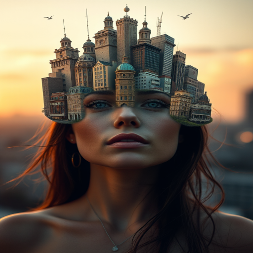Create a surreal portrait of a woman with a cityscape emerging from her head, showcasing intricate architectural details, soft lighting, and warm color tones, captured with a Canon EOS R5, 50mm lens, f/1.8 aperture, ISO 100, in a golden hour setting for enhanced image quality.