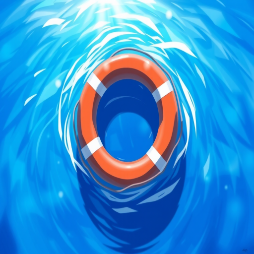 Create a high-resolution illustration of a life buoy floating in a vibrant blue ocean, captured from a slightly above angle, using a digital art style with a soft focus effect and bright, contrasting colors.