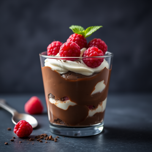 Create an ultra-realistic image of a beautifully layered dessert featuring chocolate, cream, and fresh raspberries in a clear glass cup with a textured dark background, using a Canon EOS R5, 50mm lens, f/2.8 aperture, ISO 100, and a shallow depth of field to focus on the dessert while softly blurring the background.