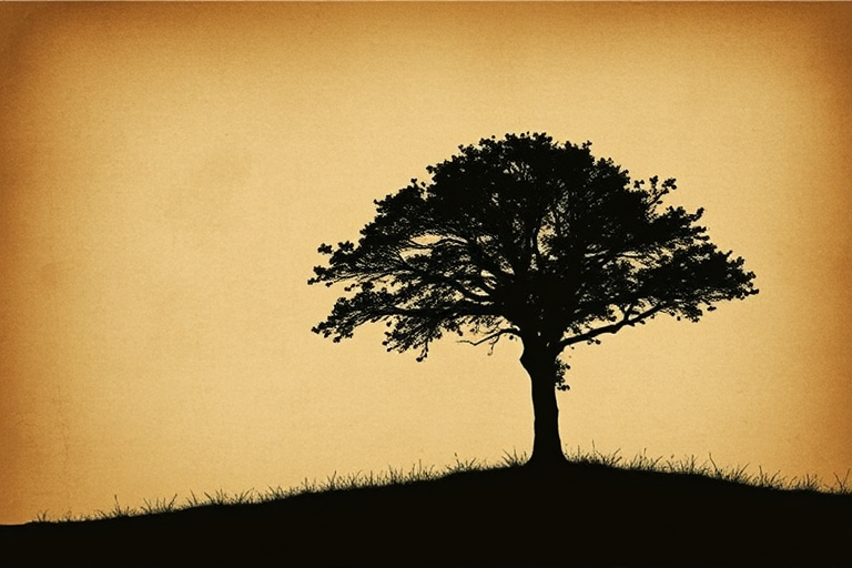 Create a vintage-style image of a tree silhouette against a textured, aged parchment background, using a DSLR camera at f/8 aperture and ISO 100, with a 50mm lens, soft focus effect, and soft diffused lighting to enhance the ethereal quality.