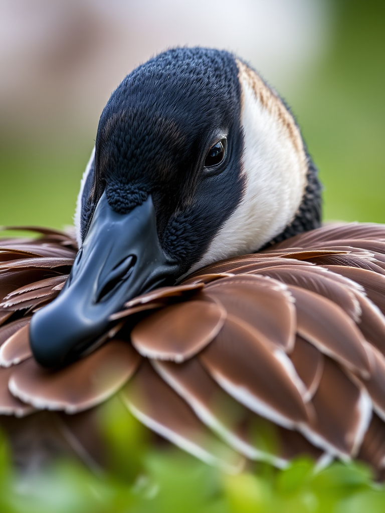 close-up of a resting goose with head nestled in feathers, shallow depth of field, f/2.8 aperture, 100mm macro lens, ISO 200, shot on a DSLR camera, natural lighting, soft focus background, ensuring sharp detail on the goose's head and feathers