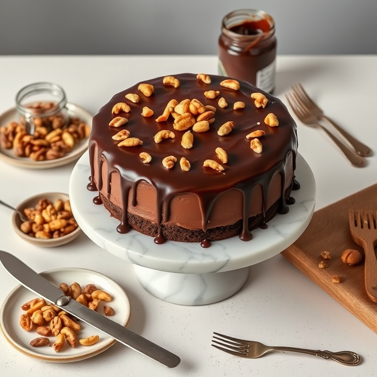 A round chocolate cake with smooth frosting drizzled with chocolate and topped with nuts placed on a marble cake stand surrounded by a plate of nuts a jar of chocolate spread a knife and vintage forks on a light textured surface