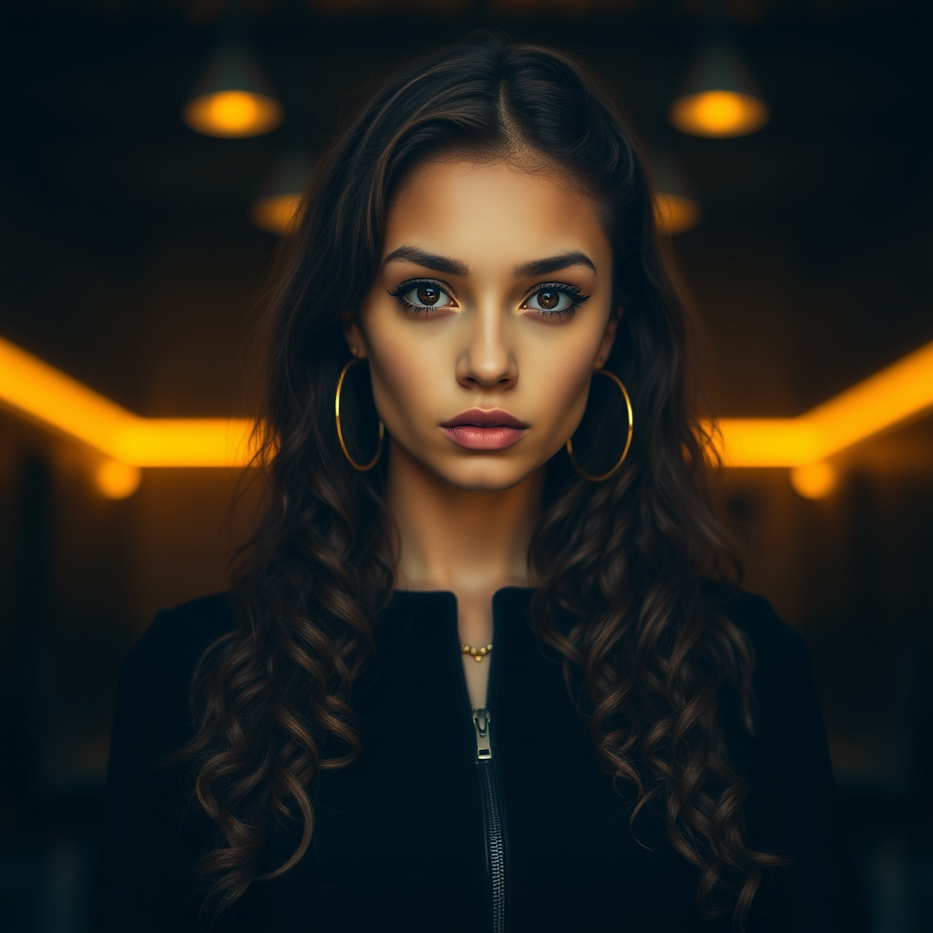 A young woman with long, curly brown hair is looking directly at the viewer. She is wearing a black top with a zipper down the front. The setting is a dimly lit interior space, with a warm, golden light emanating from the background. Her expression is neutral, with a hint of seriousness. The image is a close-up portrait with a shallow depth of field, focusing on the woman's face and torso. The background is blurred, creating a soft and intimate atmosphere.  She is wearing large gold hoop earrings, and a small gold chain is visible around her neck.  Her makeup is natural and simple, highlighting her brown eyes. The lighting creates subtle shadows that accentuate her features.  Her skin is smooth and glows in the soft light. The composition is balanced, with the woman's face positioned in the center of the frame.  The image is focused on capturing her beauty and confidence.