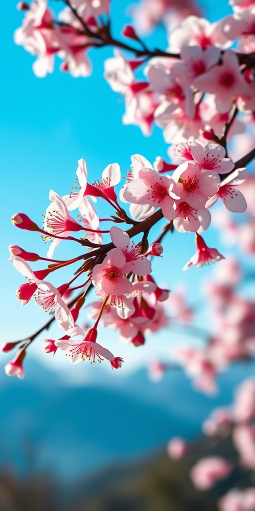 Softly focused close-up of a cherry blossom branch in full bloom, delicate pink petals catching soft morning light, with a vibrant blue sky and distant mountains blending into the background.