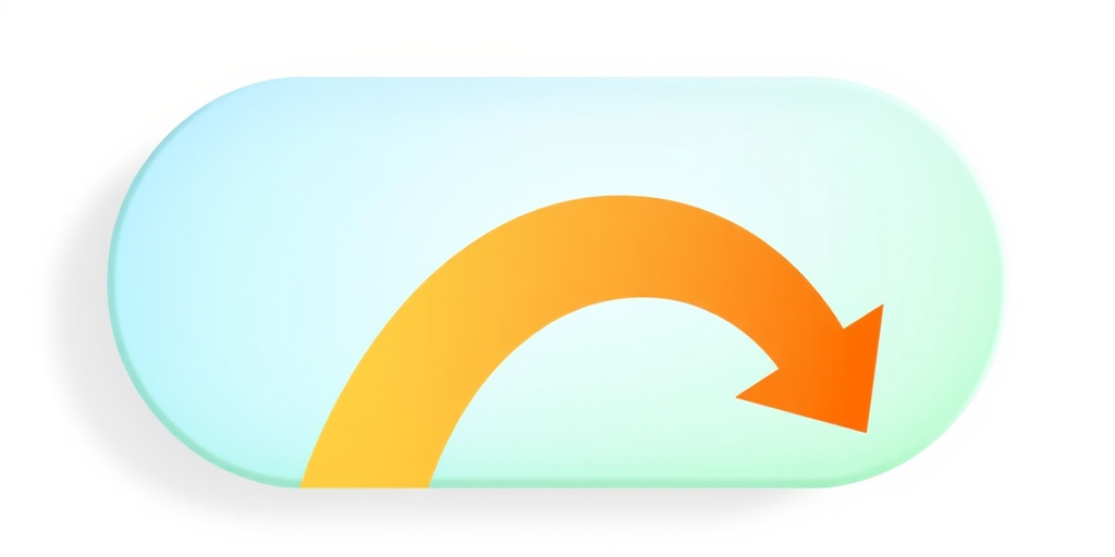 Create an image of a smooth, oval gradient button that transitions from a light blue at the top to a soft green at the bottom, with a bold orange arrow curving downward into the center, using a DSLR camera with a 50mm lens, aperture set to f/2.8, ISO 100, shot in natural light from a top-down view to enhance clarity and vibrancy.