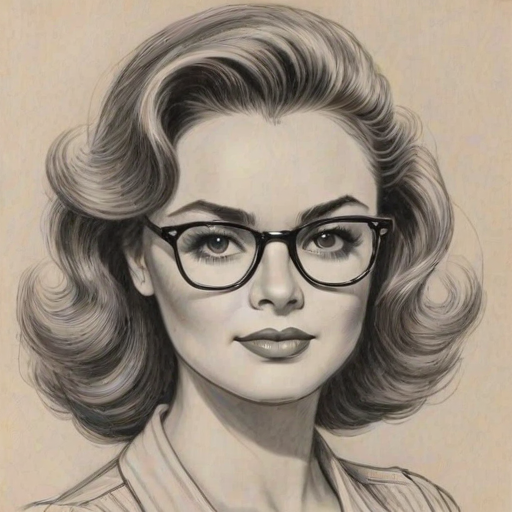 Bewitching Donna Reed, pencil sketch, portrait of Attractive woman 1980s in glasses, hair style beatnik, outline, clear lines, fine lines, 8k