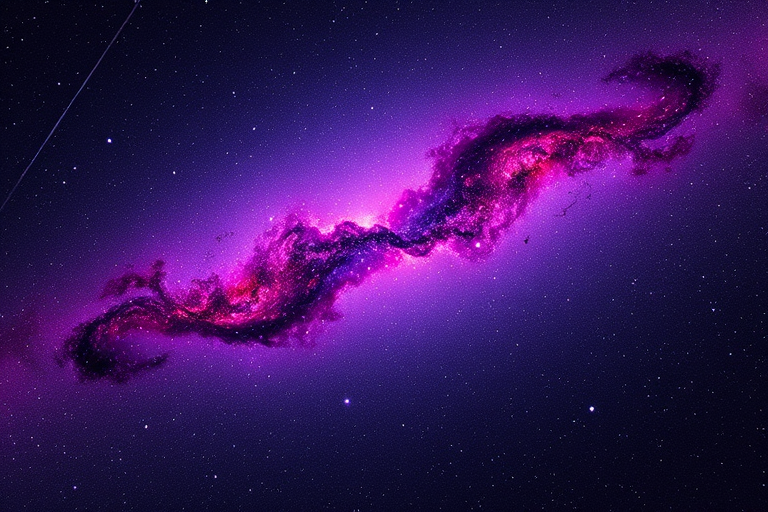 Create a high-resolution image of a vibrant purple galaxy with swirling nebulae and stars, using a Canon EOS R5 camera, 24mm lens, f/2.8 aperture, ISO 800, capturing in a wide-angle view for an immersive cosmic experience.