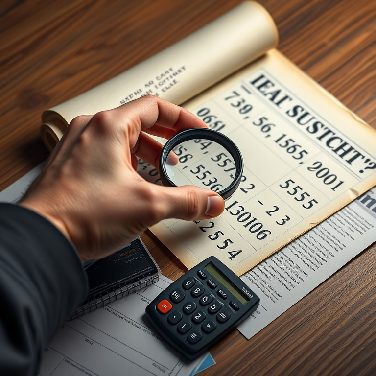 Create a high-resolution digital illustration of a person's hand holding a magnifying glass over a scroll of paper with numbers and calculations on it, positioned next to a calculator, using a Canon EOS R5 camera with a 50mm lens, aperture set to f/1.8, ISO 100, shot from a slightly elevated angle to enhance depth.