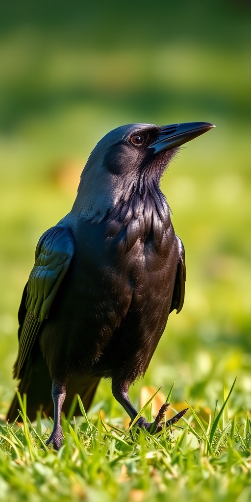 A close-up of a crow standing on green grass in soft natural light, using a DSLR camera with a 50mm lens, aperture f/2.8, shutter speed 1/200 sec, ISO 400, shot at eye level for detailed texture and clarity.
