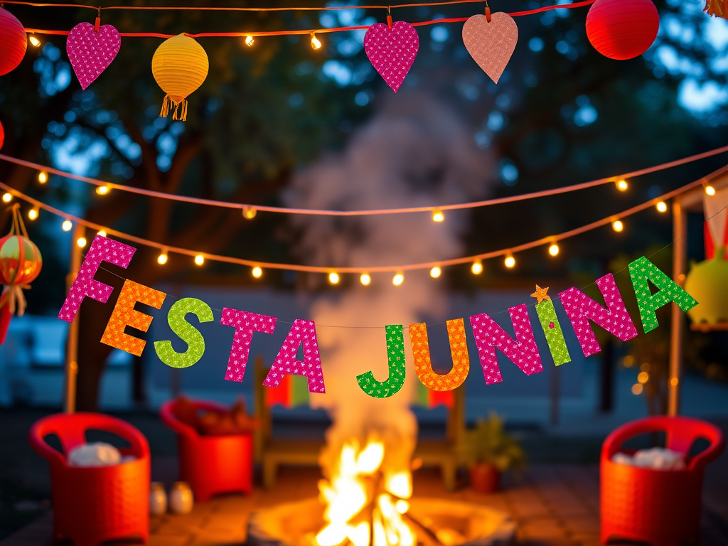Create an image featuring festive party decorations with colorful banners spelling "Festa Junina" in an outdoor setting with a warm, glowing bonfire in the background, captured with a DSLR camera at f/2.8 aperture, 50mm lens, ISO 100, and a low-angle view to enhance the vibrant colors and depth of field.