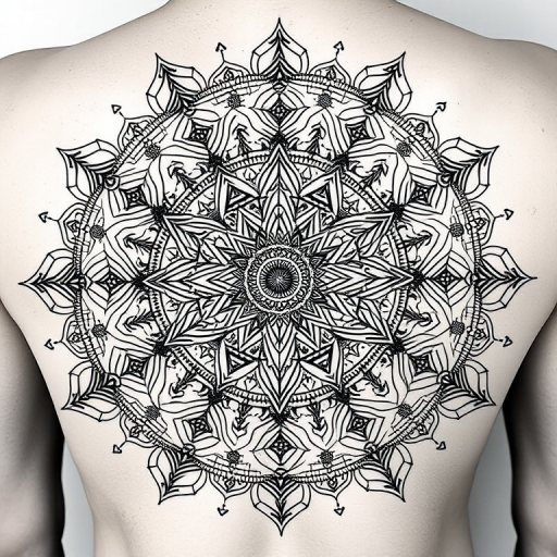 Intricate blackwork mandala tattoo, "Cosmic Geometry," composed of precise dotwork and fine lines forming intricate geometric patterns, radiating from a central point with gradually increasing complexity, incorporating sacred symbols and mystical elements, perfect for a full back or chest piece