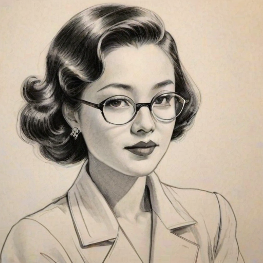 Dazzling Camille Chen, pencil sketch, portrait of Elegant woman 1937s in glasses, hair style beatnik, outline, clear lines, fine lines, 8k