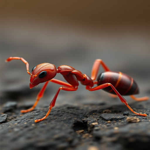 Generate a high-resolution 3D render of a red ant, side view, with detailed textures, using a DSLR camera, f/8 aperture, 50mm lens, 1/200s shutter speed, and soft diffused lighting for enhanced clarity and depth.