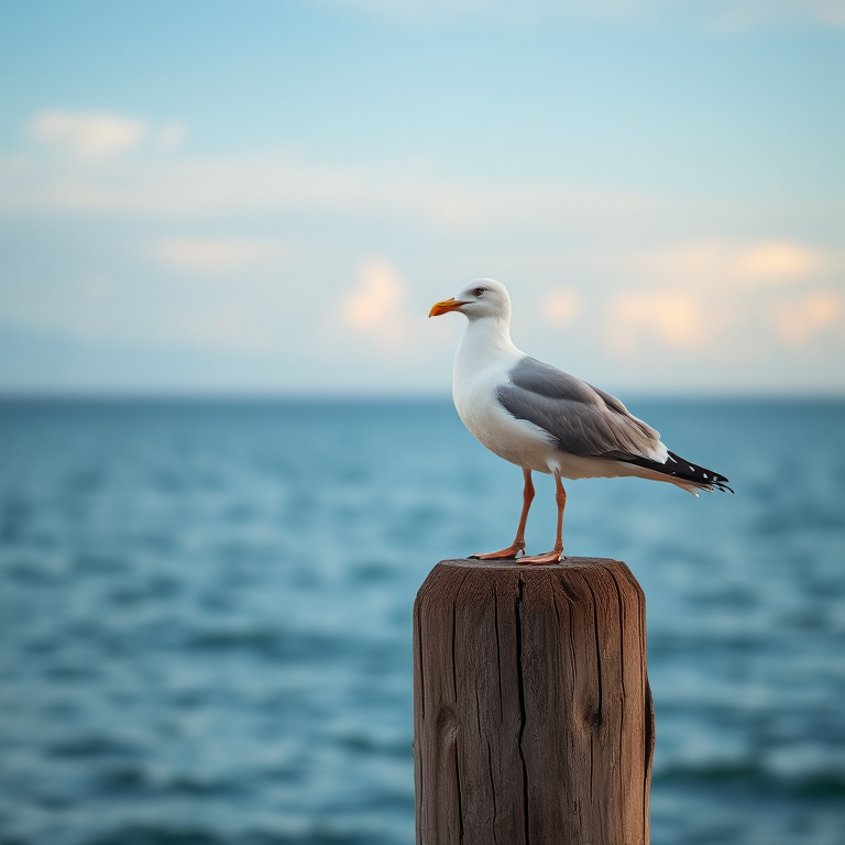 Seagull perched on a weathered wooden post by the calm ocean, with a soft blue sky and gentle clouds in the background, taken with a Canon EOS R5, 50mm lens, f/2.8 aperture, ISO 100, 1/200 sec shutter speed, shot from eye level for a serene and detailed composition.