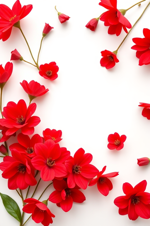 Create a vibrant red floral design on a white background with a soft focus effect, using a DSLR camera with an aperture of f/2.8, shutter speed of 1/200s, ISO 100, shot from a top-down angle with natural lighting for enhanced contrast and clarity.