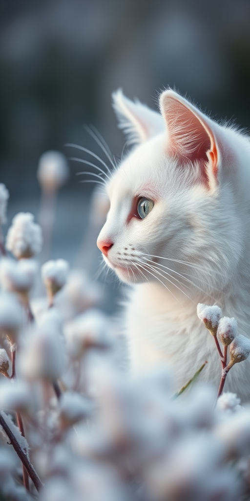 Create a high-resolution close-up portrait of a white cat gazing thoughtfully amidst frost-covered plants, using a DSLR camera with a 50mm lens, aperture f/1.8, ISO 200, natural light, shallow depth of field, and soft focus to enhance the dreamy atmosphere.