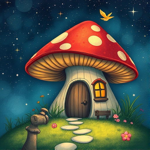 imagine illustration of a mushroom house with a door and a window, a storybook , fantasy art, mushroom house, bg starry sky, sparkles