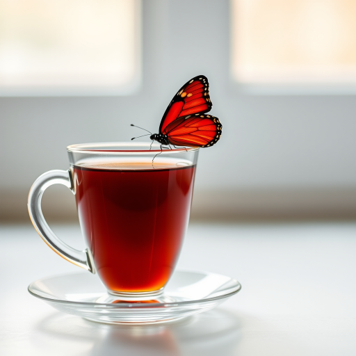 Generate an image of a clear glass cup filled with brown tea. A vibrant red butterfly is gently perched on the rim of the cup. The background is softly blurred, featuring a light-colored window with a minimalistic design.