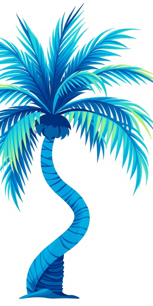 Create a vibrant digital illustration of a blue palm tree with stylized leaves and a winding blue trunk on a white background, using a Canon EOS R5, 50mm lens, aperture f/1.8, ISO 100, with soft focus for a dreamy effect.