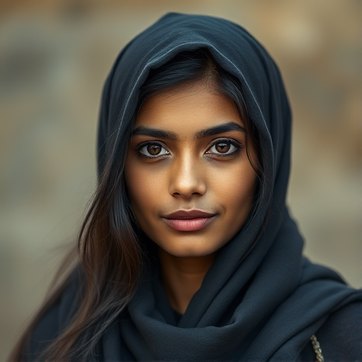 Create a portrait of a young Indian woman with long, dark hair and captivating hazel eyes. She is wearing a black headscarf and a matching scarf draped gracefully around her neck. The background is softly blurred, focusing attention on her serene and natural expression. The overall color palette is muted and warm, enhancing the intimate and authentic feel of the portrait.